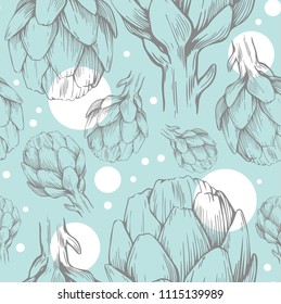 Seamless pattern with hand drawn artichokes. Vector illustration. Botanical pattern for textiles and wallpapers.