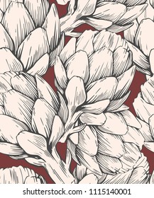 Seamless pattern with hand drawn artichokes. Vector illustration. Botanical pattern for textiles and wallpapers.