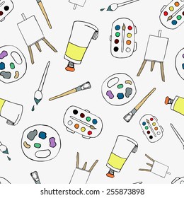 Seamless pattern with hand drawn artist accessories: palette paint, easel, brush, tube of paint, paint. Graphic style with color elements