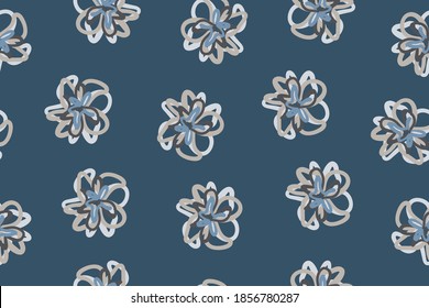 Seamless pattern hand drawn artistic blooming flower on navy blue color background. Design for fashion, fabric, textile, wallpaper, cover, wrapping and all prints