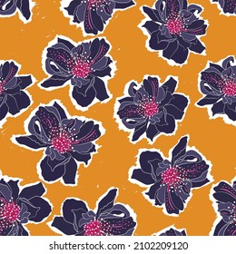 Patrón sin soldadura Dibujo a mano Bloomimg artístico floral de color azul oscuro sobre fondo amarillo ,Diseño para moda , tela, papel tapiz, cubierta, web , envoltura y todas las impresiones