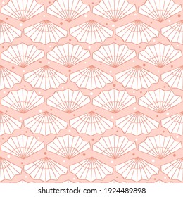 Seamless pattern with hand drawn asian fan. Pink background. Vector illustration in Chinese or Japanese style. Fantasy Oriental elements.