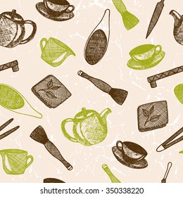 Seamless pattern with hand drawn asian tea culture objects. Teapot and other tools and equipment of tea ceremony. Vector sketch illustration.
