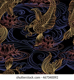 Seamless pattern from hand drawn Asian spiritual symbols - koi carp with lotus and waves. 