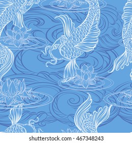 Seamless pattern from hand drawn Asian spiritual symbols - koi carp with lotus and waves. 