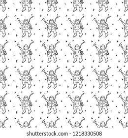 Seamless pattern hand drawn astronaut spaceman. Doodle black sketch. Sign symbol. Decoration element. Isolated on white background. Flat design. Vector illustration.