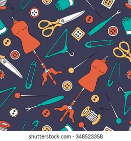 Seamless pattern with hand drawn atelier icons. Sewing tools collection, colorful background vector. Fashion illustration, profession clothier. Decorative wallpaper, good for printing
