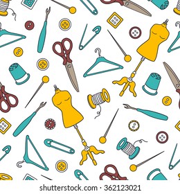 Seamless pattern with hand drawn atelier icons. Sewing tools collection, colorful background vector. Fashion illustration, profession clothier. Decorative wallpaper, good for printing