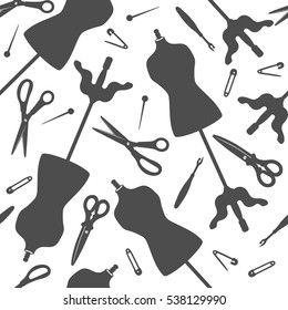 Seamless pattern with hand drawn atelier icons. Sewing tools collection, black and white background vector. Fashion illustration, profession clothier. Decorative wallpaper, good for printing