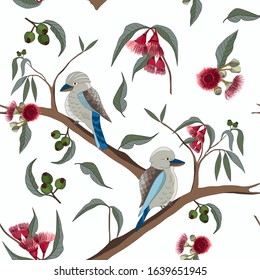 seamless pattern of hand drawn australia kookaburra and gum tree and flower on white background