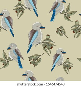 seamless pattern of hand drawn australia kookaburra and gum tree and flower on white background