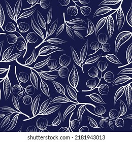 seamless pattern of hand drawn australia gum leaf outline on navy background