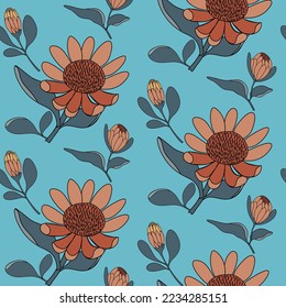 seamless pattern of hand drawn australia native flower king protea