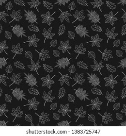 Seamless pattern of hand drawn autumn leaves. Background with maple, oak, elm, chestnut, Japanese maple and rhus typhina. Vector illustration. Retro style