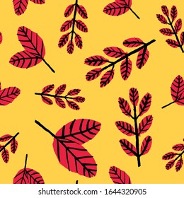 Seamless pattern with hand drawn autumn leaves and branches. Yellow and red background. Doodle cartoon style. Ecology, nature. Graphic botany. For postcards, scrapbooking, textile and wrapping paper