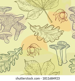 Seamless pattern of hand drawn autumn leaves, physalis and mushrooms