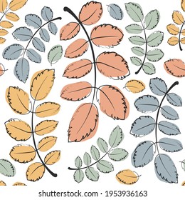 Nahtloses Muster aus handgezeichneten Herbstblättern. Doodle Kunstmuster für Tapeten, Wickelpapier, Stoff, Textilien, Einladungen, Karten. Delikate, trendige Farben, natürliches Motiv. Schöner floraler Hintergrund