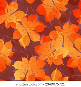 Patrón sin foco con hojas de castaño de otoño dibujadas a mano sobre fondo morado.
