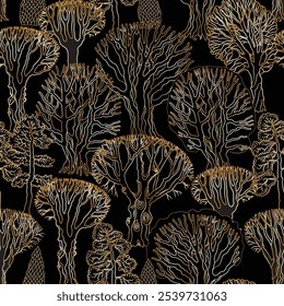 Seamless pattern of hand drawn autumn trees. Golden doodle on a black background