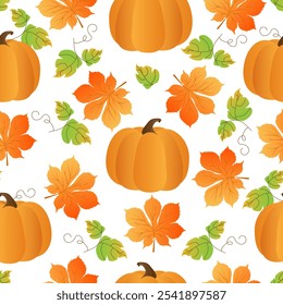 Seamless pattern with hand drawn autumn chestnut leaves, pumpkin on white background. Vector illustration EPS 10.
