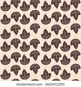 Padrão contínuo com folhas marrom de outono desenhadas à mão sobre fundo bege. Perfeito para papel de embrulho sazonal, tecido, scrapbook ou projetos de queda