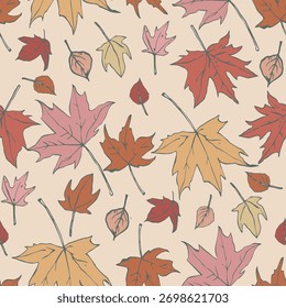 Patrón sin fisuras con hojas de otoño dibujadas a mano. Ilustración de hojas de arce con contorno