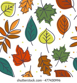 Seamless Pattern With Hand Drawn Autumn Leaves. Fall Of The Leaves. Vector Illustration.