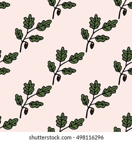 Seamless pattern with hand drawn autumn oak leaves, branches and acorns. Doodle colorful autumn background. Cute infinity wrapping paper. Vector illustration.