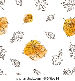 Seamless pattern with hand drawn autumn leaves.  Vector illustration.