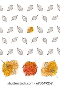 Seamless pattern with hand drawn autumn leaves.  Vector illustration.