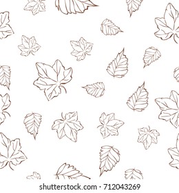 Seamless pattern with hand drawn autumn leaves on white background