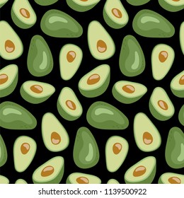 Patrón sin inconvenientes con aguacate dibujado a mano. Fondo vectorial repetido con mitad y todo el fruto del aguacate.