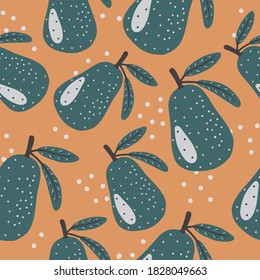 Seamless pattern with hand drawn avocado on a orange background. Doodle, simple illustration. It can be used for decoration of textile, paper and other surfaces.