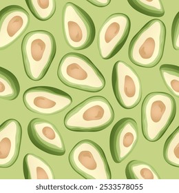 Seamless pattern with hand drawn avocado slice on green background. Design for fabric, kitchen decor, wallpaper.