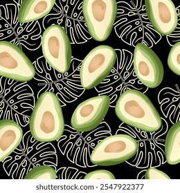 Nahtloses Muster mit handgezeichneter Avocado-Scheibe auf schwarzem Hintergrund. Design für Stoff, Küchendekor, Tapete.