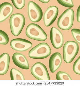 Patrón sin fisuras con rebanada de aguacate dibujado a mano sobre fondo beige. Diseño para la tela, decoración de la cocina, Fondo de pantalla.