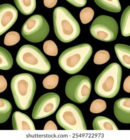 Patrón sin fisuras con rebanada de aguacate dibujado a mano sobre fondo negro. Diseño para la tela, decoración de la cocina, Fondo de pantalla.