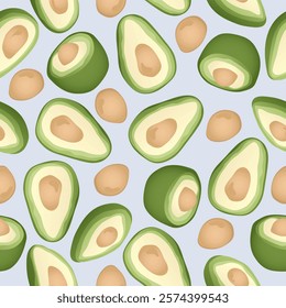 Seamless pattern with hand drawn avocado slice on blue background. Design for fabric, kitchen decor, wallpaper.