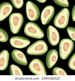 Seamless pattern with hand drawn avocado slice on black background. Design for fabric, kitchen decor, wallpaper.