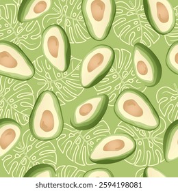 Seamless pattern with hand drawn avocado slice on green background. Design for fabric, kitchen decor, wallpaper.