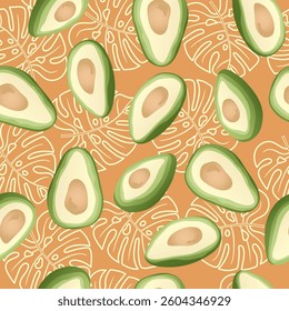 Seamless pattern with hand drawn avocado slice on beige background. Design for fabric, kitchen decor, wallpaper.