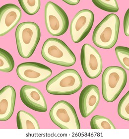 Seamless pattern with hand drawn avocado slice on pink background. Design for fabric, kitchen decor, wallpaper.