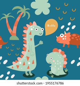 Seamless pattern with hand drawn baby dinosaur. Vector kids illustration for nursery design. Dinosaurs fabric for baby clothes, wrapping paper.