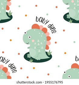 Patrón sin foco con dinosaurio bebé dibujado a mano. Ilustración infantil vectorial para el diseño de guarderías. Tela de dino para ropa de bebé, papel de envoltura.