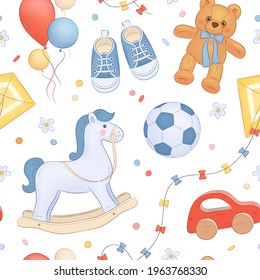 Seamless pattern with hand drawn baby boy shower design elements. Vector illustration