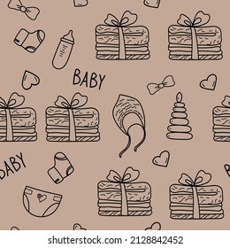 Seamless pattern hand drawn baby girl. Cartoon sketch style doodle for icon, banner. Elements little girls clothes.