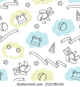Seamless pattern of hand drawn baby BOY. Cartoon sketch style doodle for icon, banner. Elements little baby clothes.