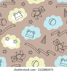 Seamless pattern of hand drawn baby BOY. Cartoon sketch style doodle for icon, banner. Elements little baby clothes.