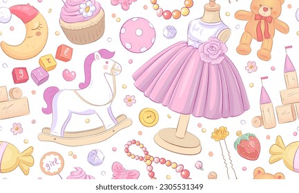 Seamless pattern with hand drawn baby girl elements. Cartoon clothes, toys and flowers on white background. Wallpaper, textile or wrapping paper design tamplate. Vector illustration