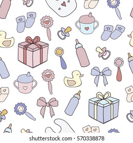 Seamless pattern with hand drawn baby shower vector elements. Seamless baby background with doodle newborn things 